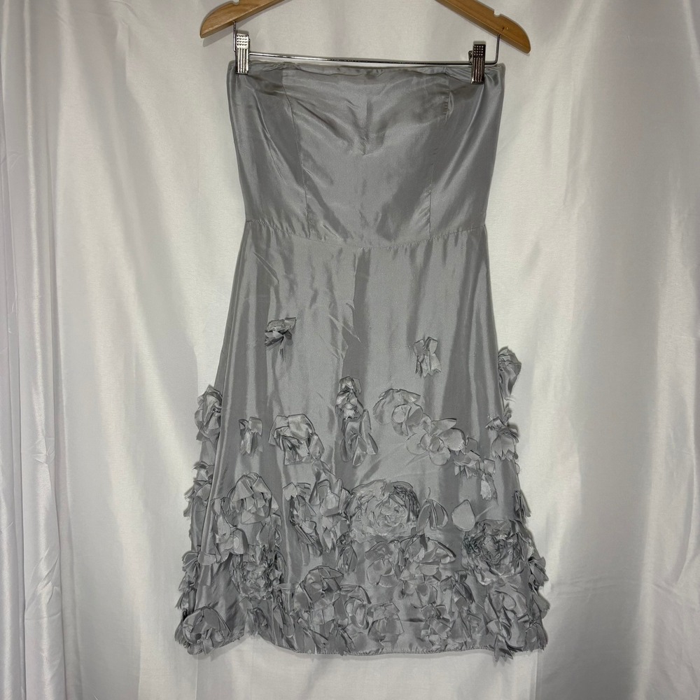 Ann Taylor Silver 100% Silk Satin Strapless 3D Floral‎ Rosette Cocktail Dress 4